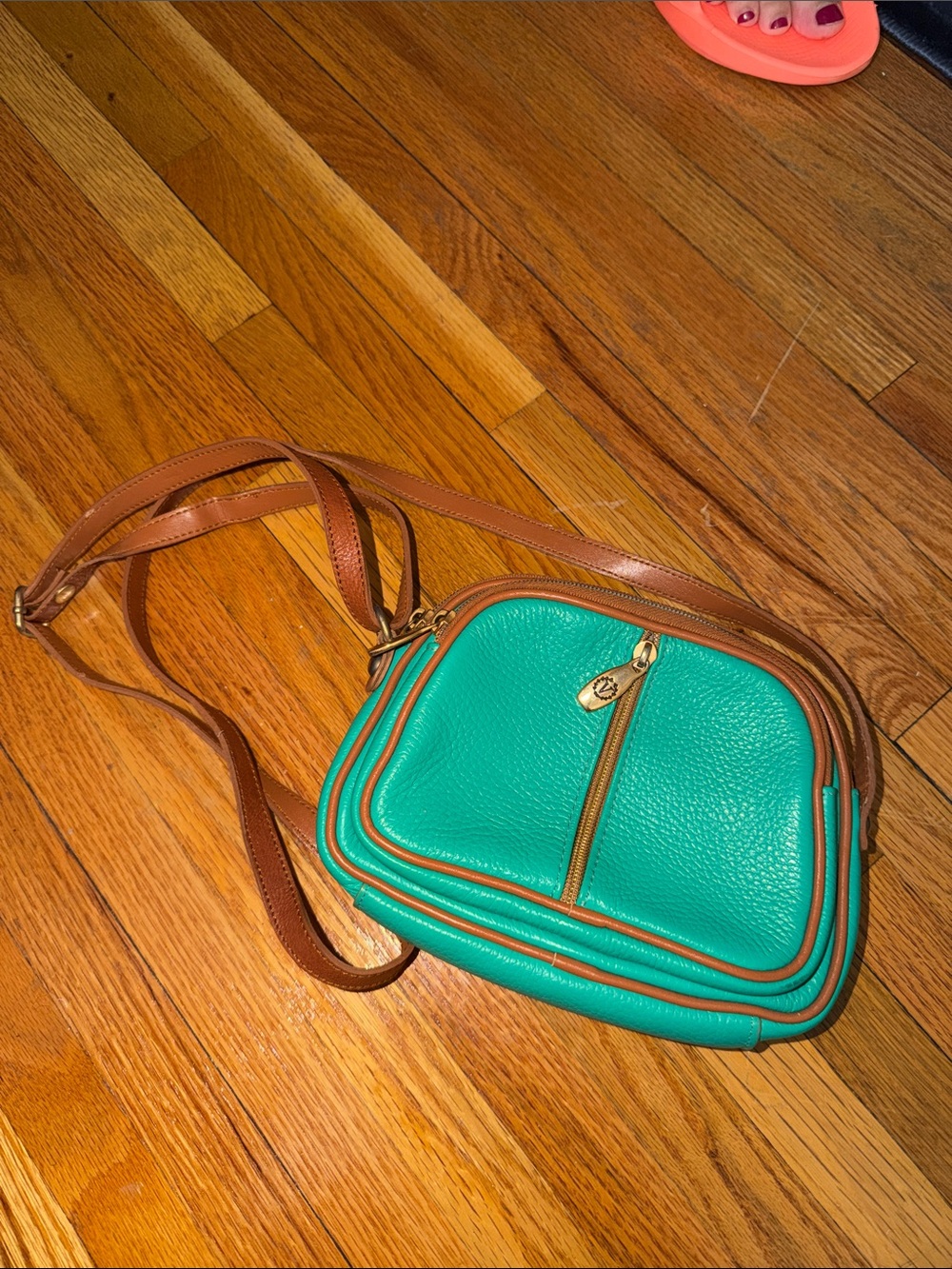 Turquoise Crossbody Bag with Brown Trim
